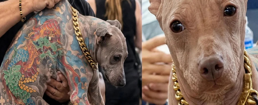 Perro sin pelo cubierto de tatuajes con dragón desata indignación en Pet Fair Asia de Shanghái